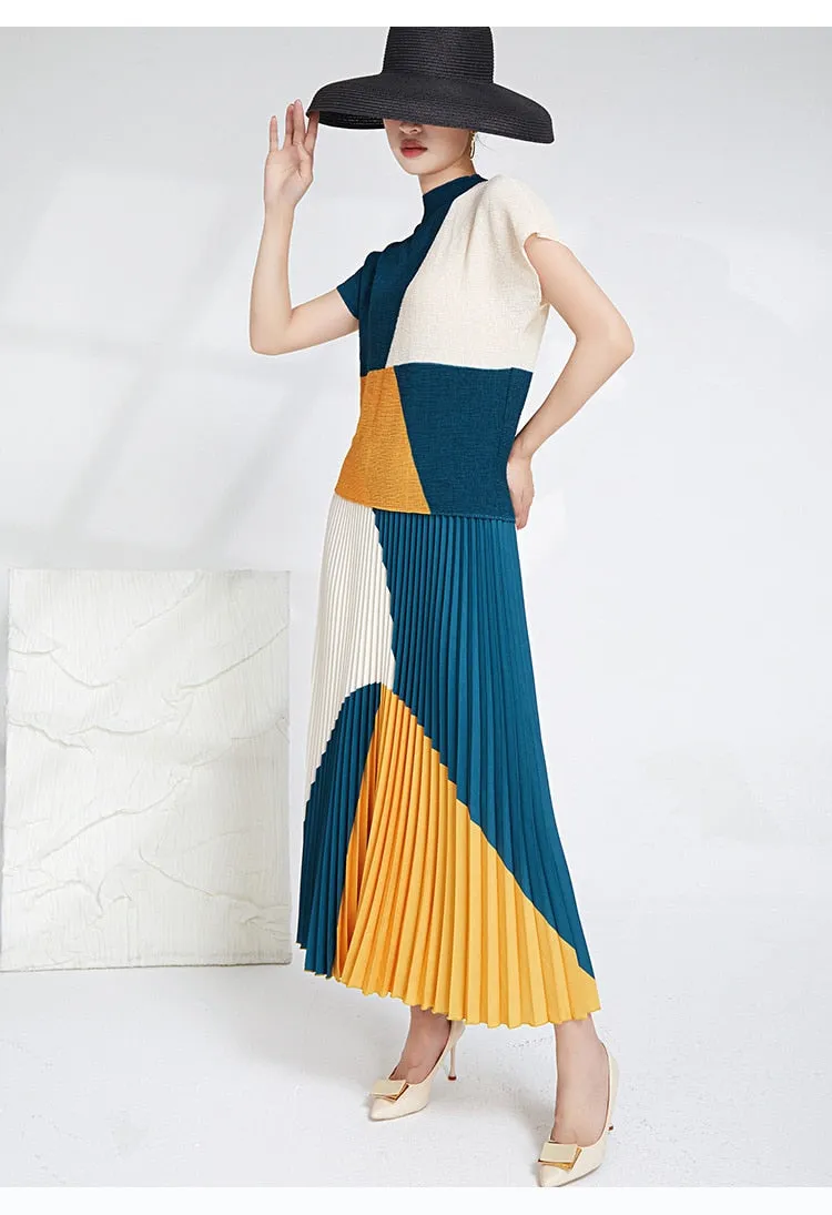 Miyake Pleated Color Block Top & Long Skirt Set