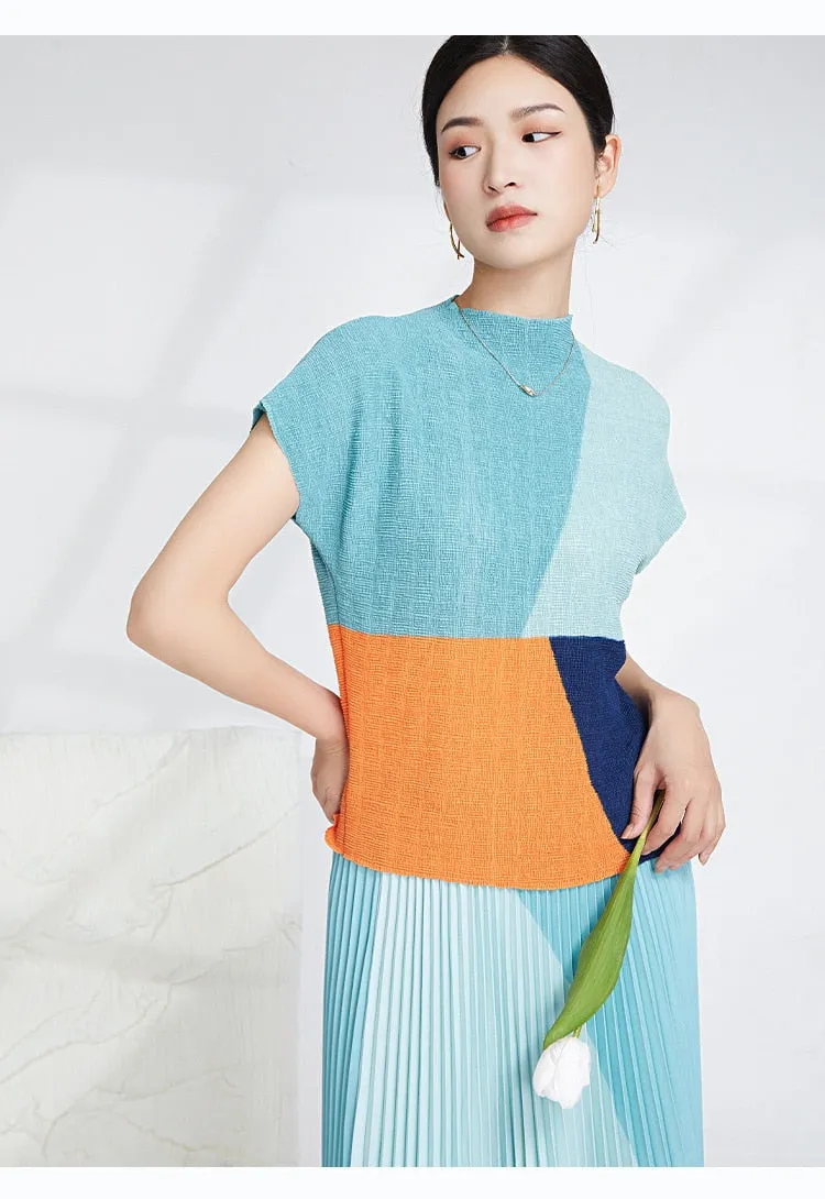 Miyake Pleated Color Block Top & Long Skirt Set