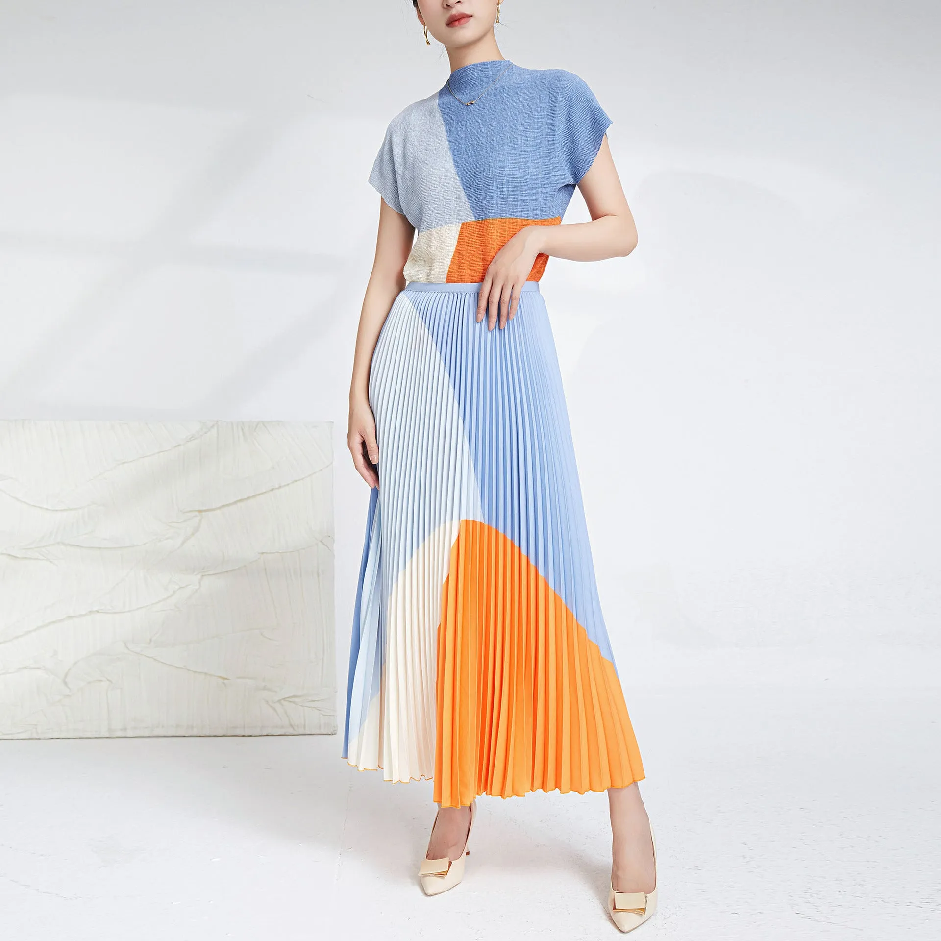 Miyake Pleated Color Block Top & Long Skirt Set