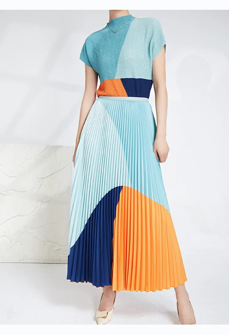 Miyake Pleated Color Block Top & Long Skirt Set