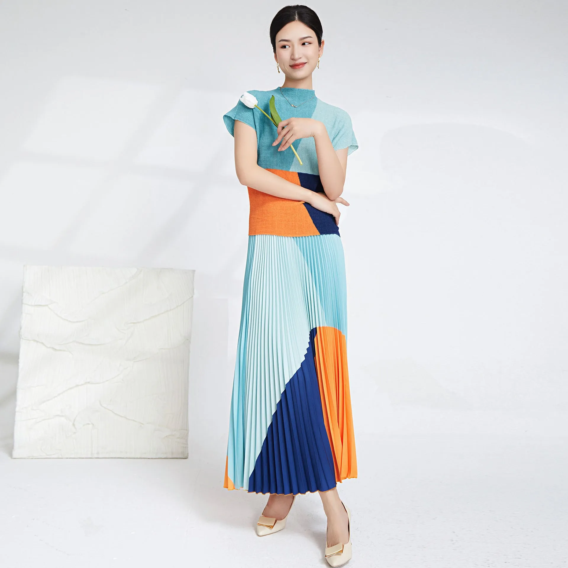 Miyake Pleated Color Block Top & Long Skirt Set