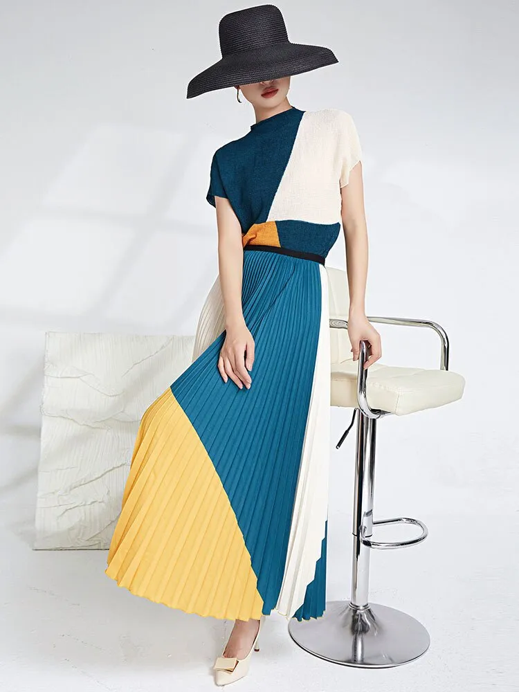 Miyake Pleated Color Block Top & Long Skirt Set