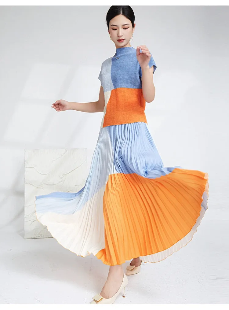 Miyake Pleated Color Block Top & Long Skirt Set