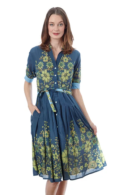 Mrs Maisel Dress - Navy Ground With Leaves Print