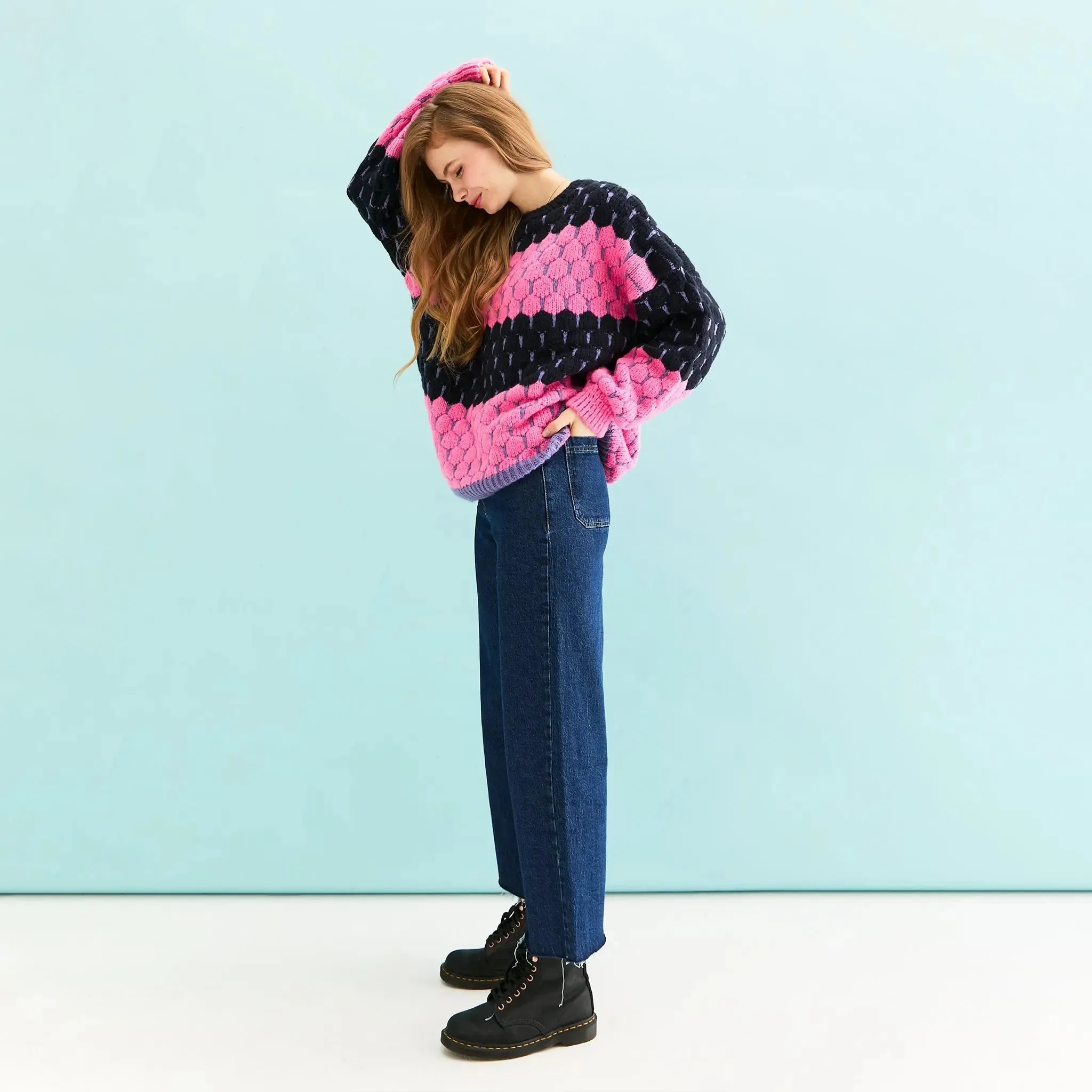 Navy Marissa Stripe Bubble Stitch Jumper