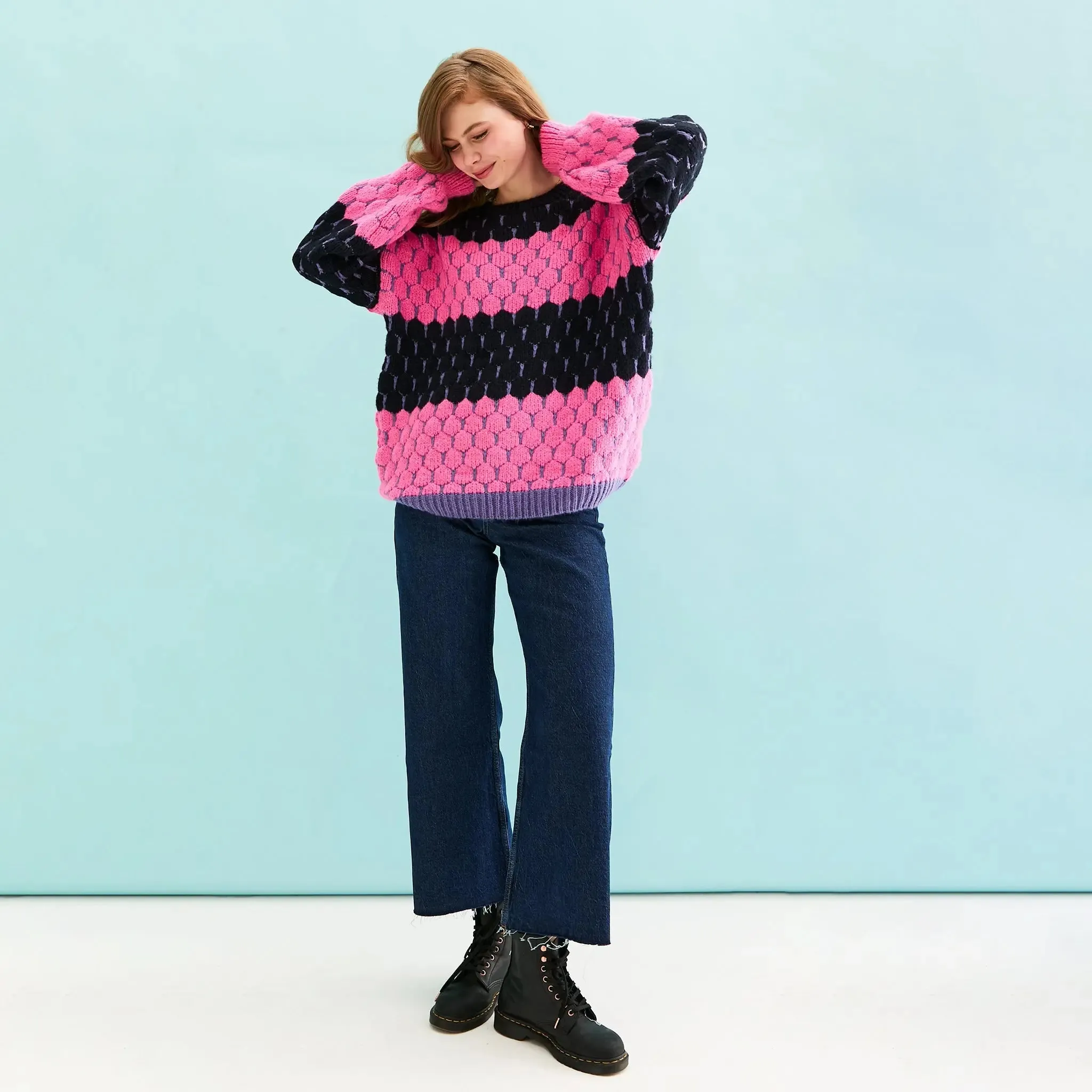 Navy Marissa Stripe Bubble Stitch Jumper