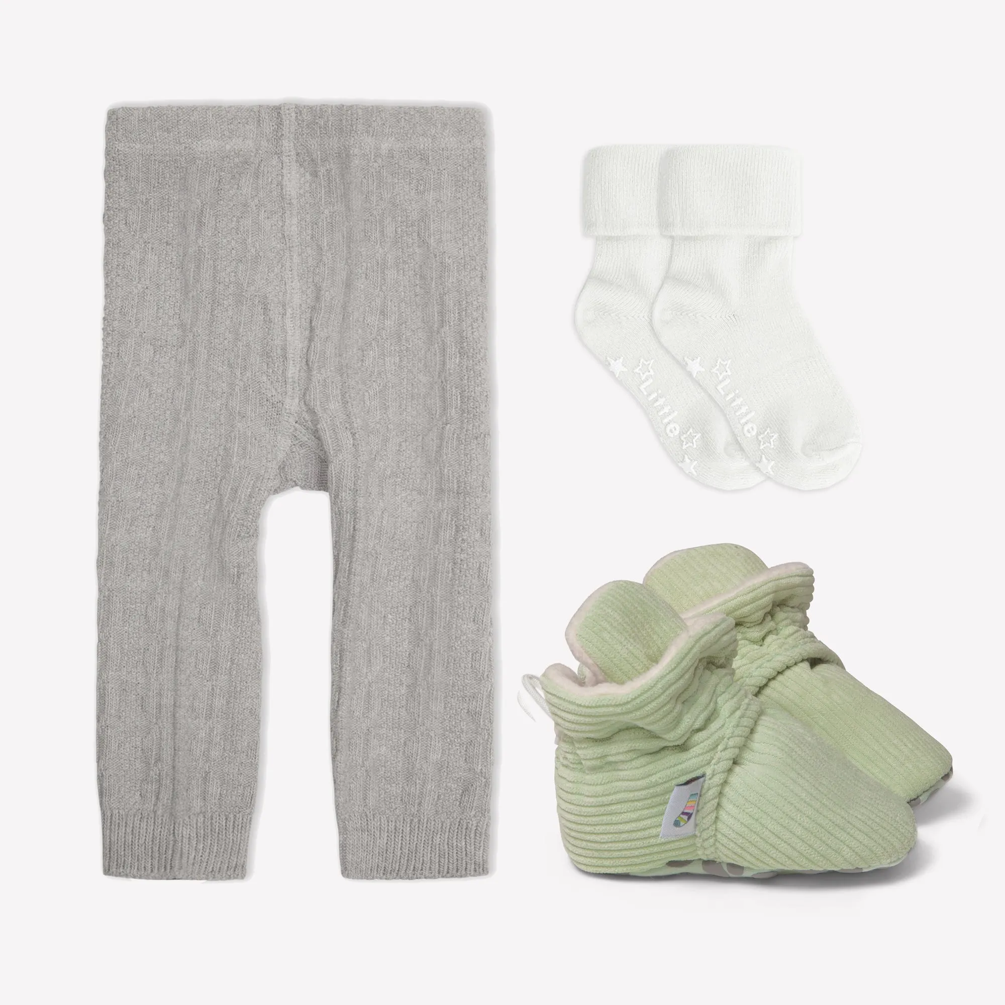 Non-Slip, Stay-on Bootie Bundle   Stay-on Socks   Cable Knit Leggings - Pistachio Corduroy