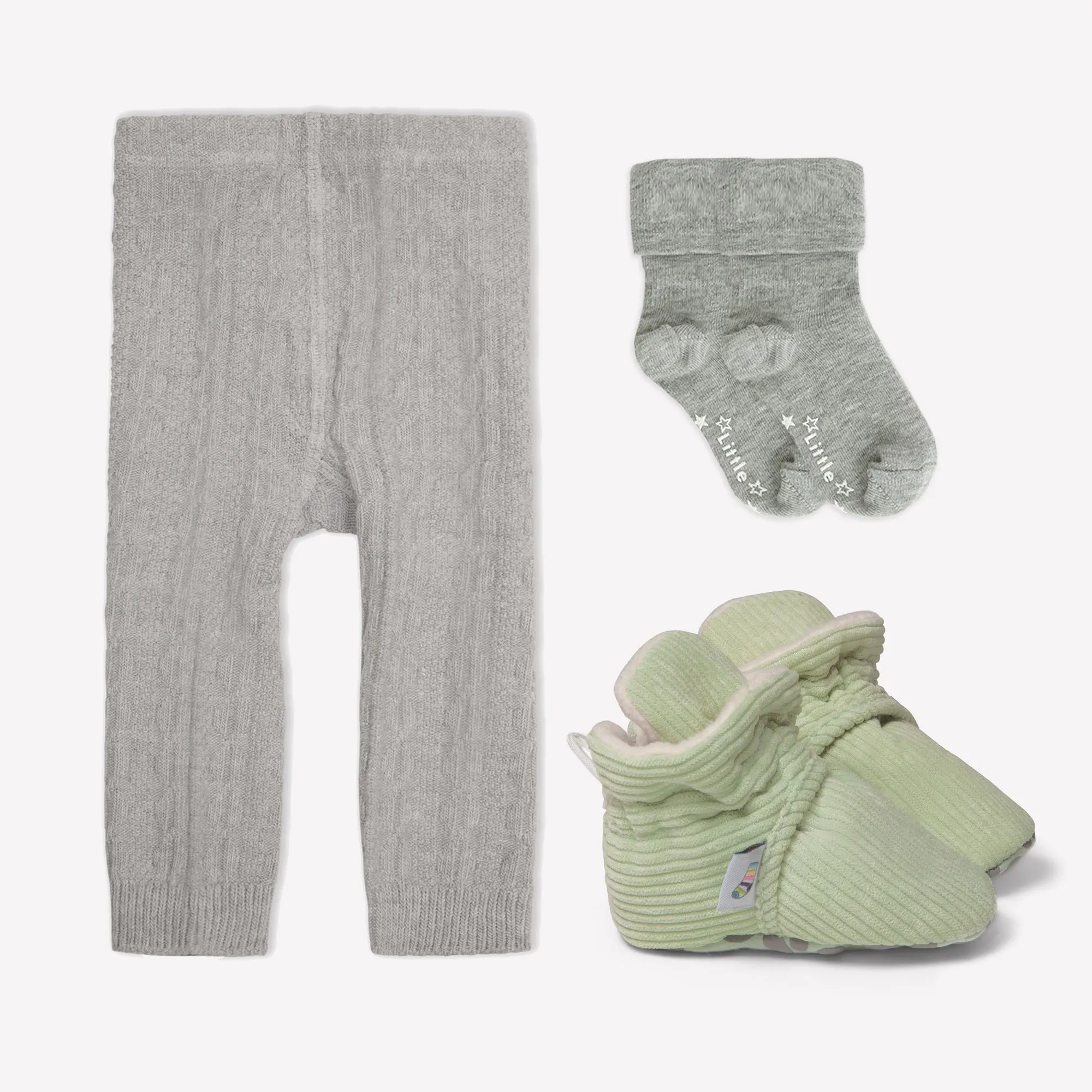 Non-Slip, Stay-on Bootie Bundle   Stay-on Socks   Cable Knit Leggings - Pistachio Corduroy