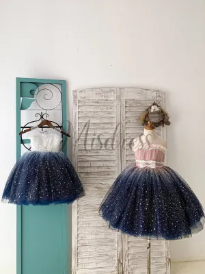 Ombre Pink / Navy Stars Tulle Wedding Flower Girl Dress Kids Party Dress