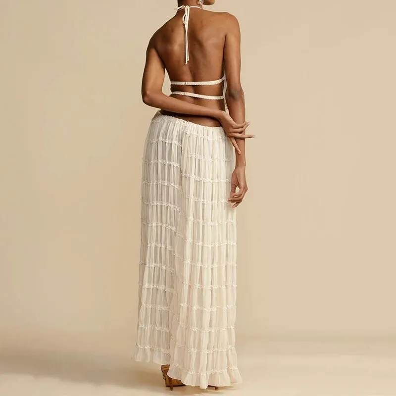 Open Back Pleated Top with Long Skirt Set