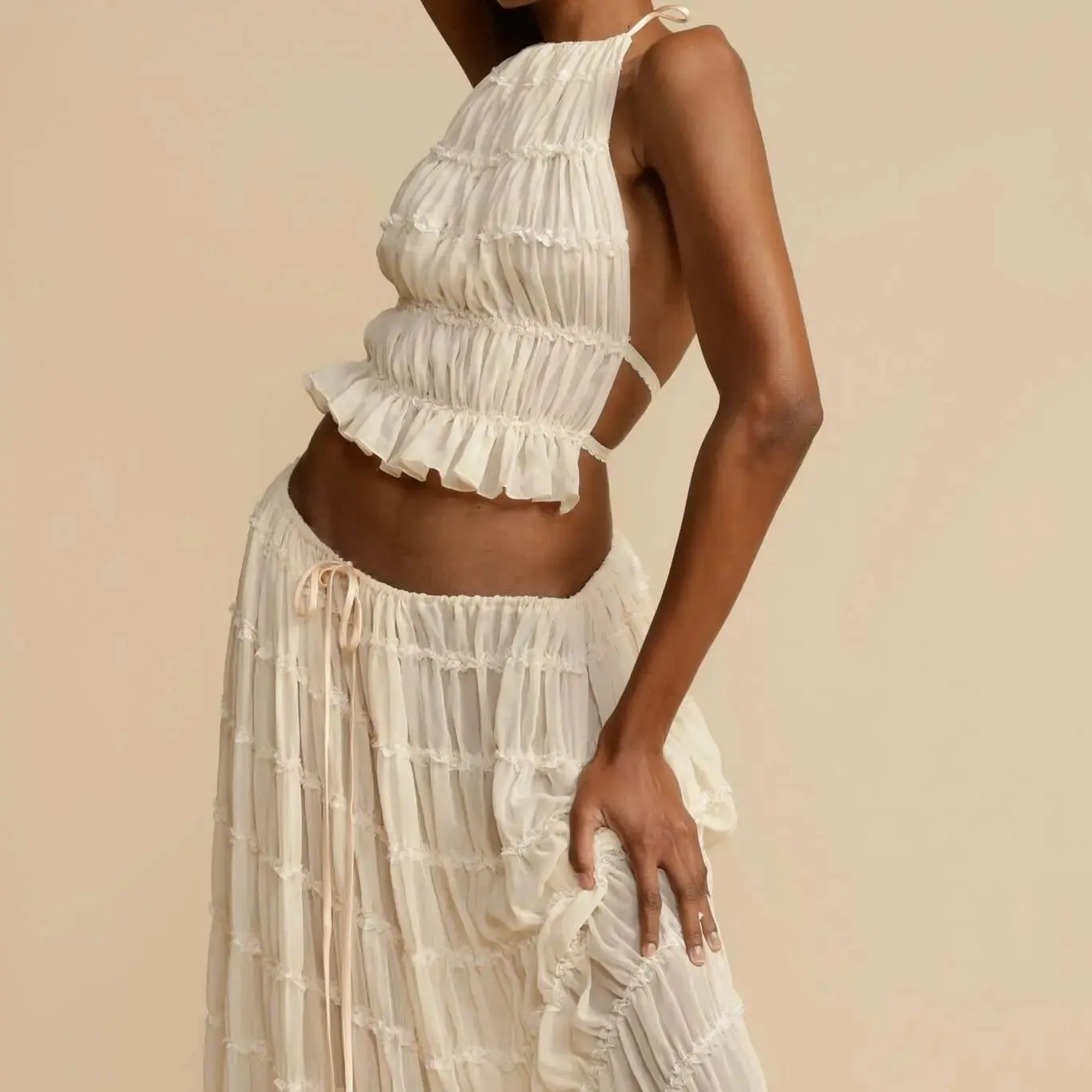 Open Back Pleated Top with Long Skirt Set