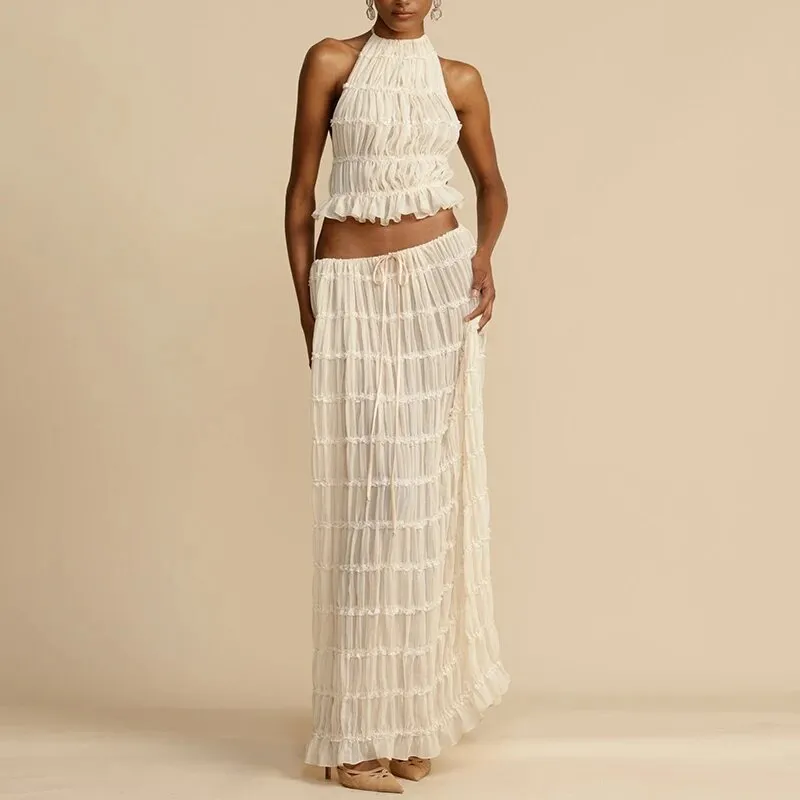 Open Back Pleated Top with Long Skirt Set