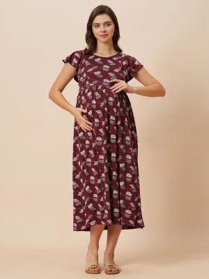 Organic Cotton Long Length Maternity Dress with Flutter sleeves ISML025-Brown Petals-