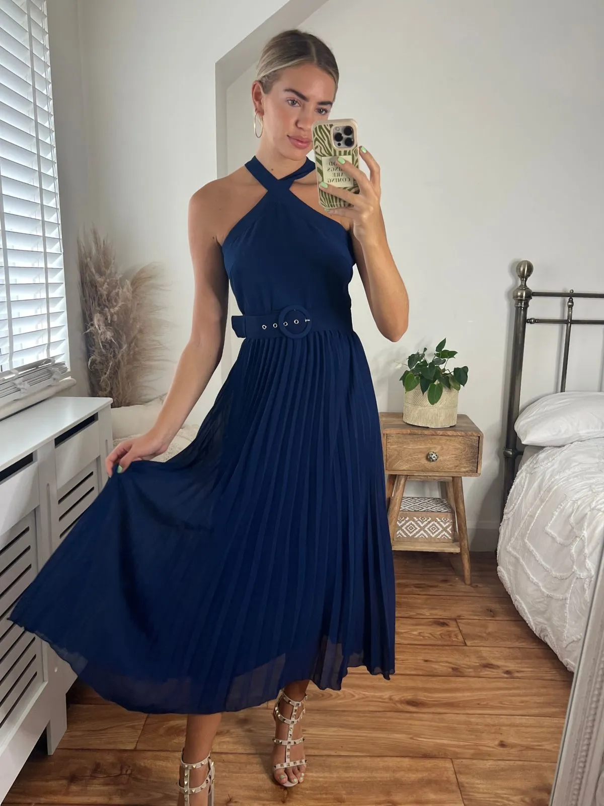 Paige Halter Pleated Belted Dress / Navy