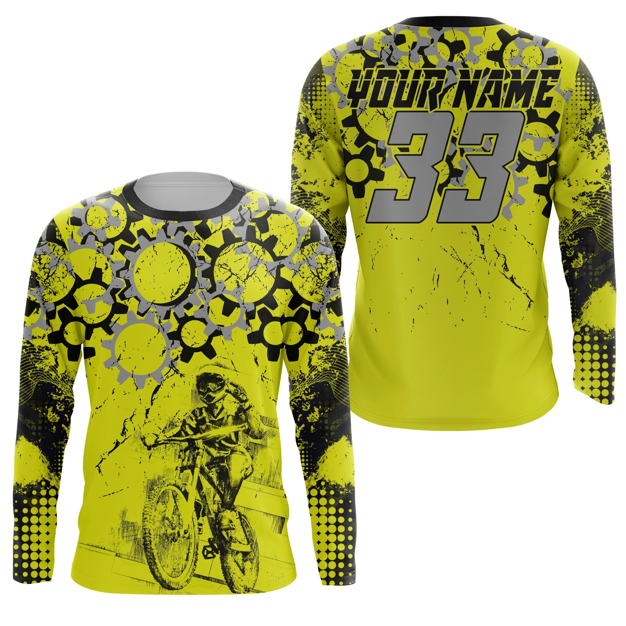 Personalized Yellow MTB Gears Mountain Bike Long Sleeve Shirt Bicycle Cycling Racewear