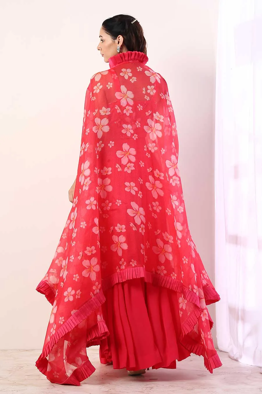 Pink Pleated Lehenga Set With Cape