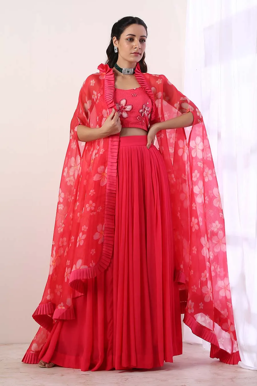 Pink Pleated Lehenga Set With Cape