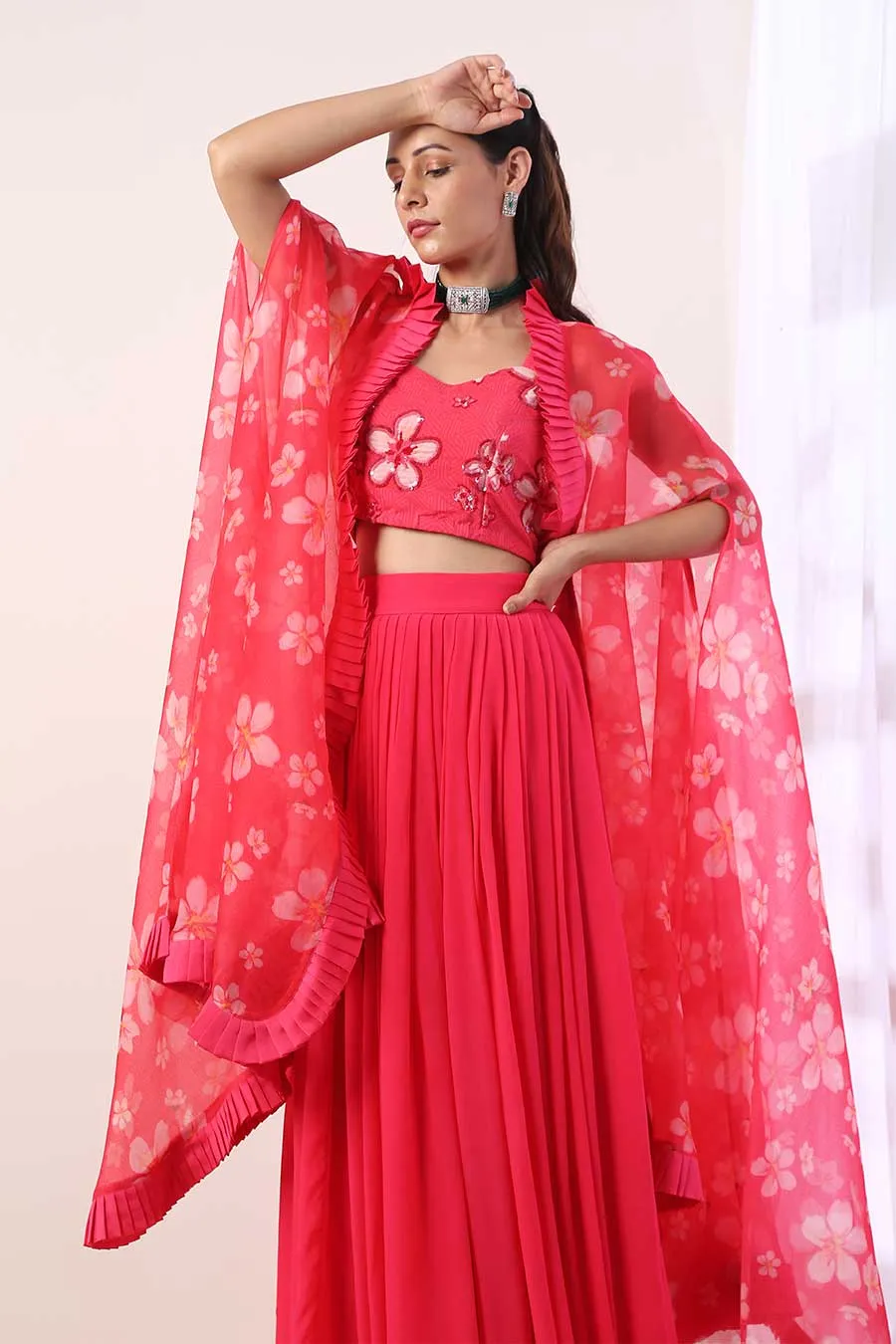 Pink Pleated Lehenga Set With Cape