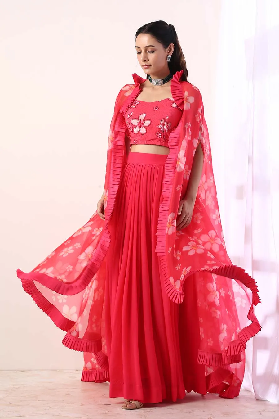 Pink Pleated Lehenga Set With Cape