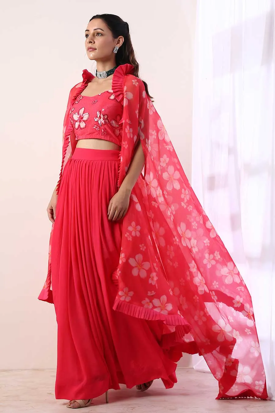 Pink Pleated Lehenga Set With Cape