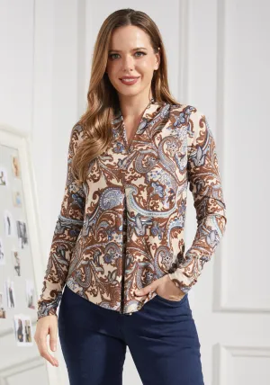 Pleated V-Neck Top (Brown Paisley)