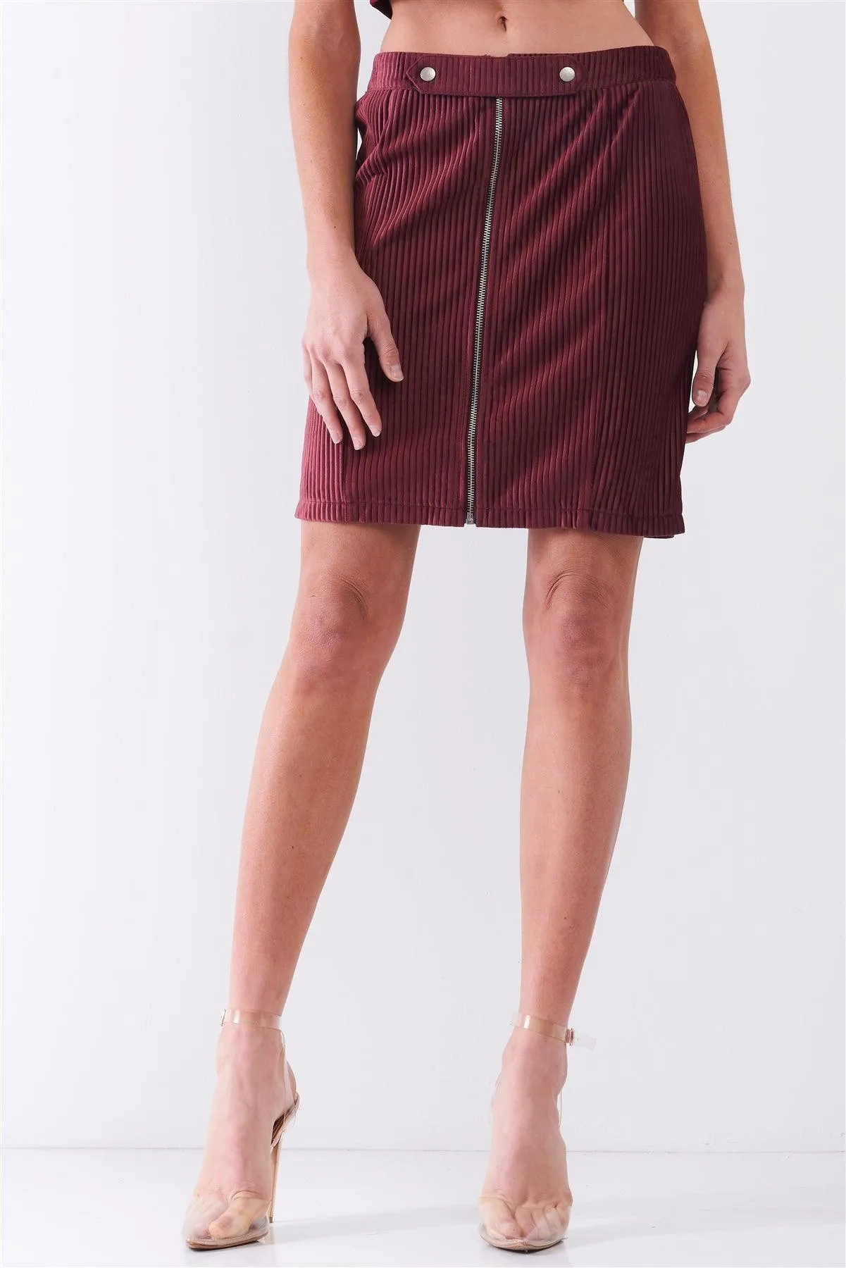 Plum Velvet Ribbed High Waist Front Zip-Up Detail Tight Mini Skirt /1-2-2-1