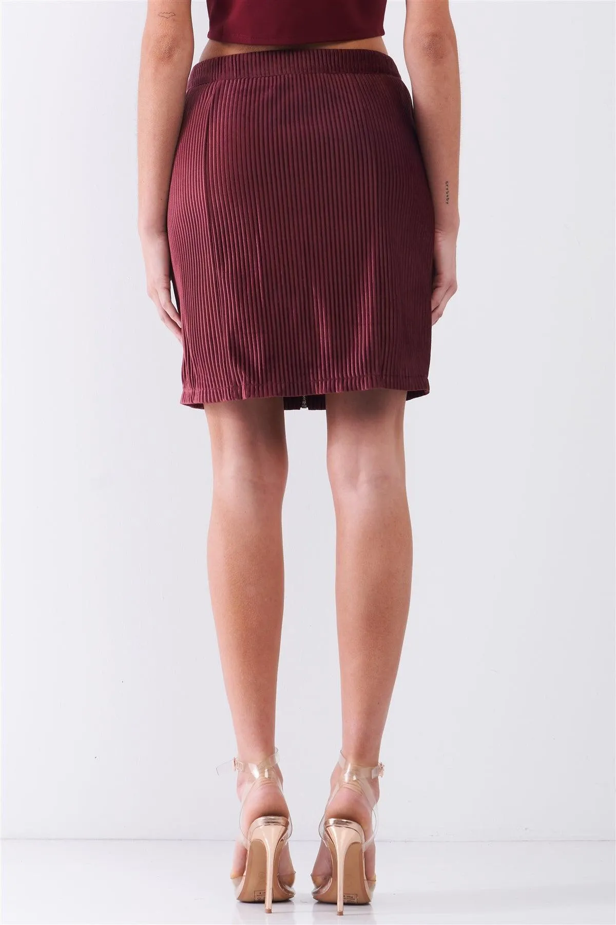 Plum Velvet Ribbed High Waist Front Zip-Up Detail Tight Mini Skirt /1-2-2-1