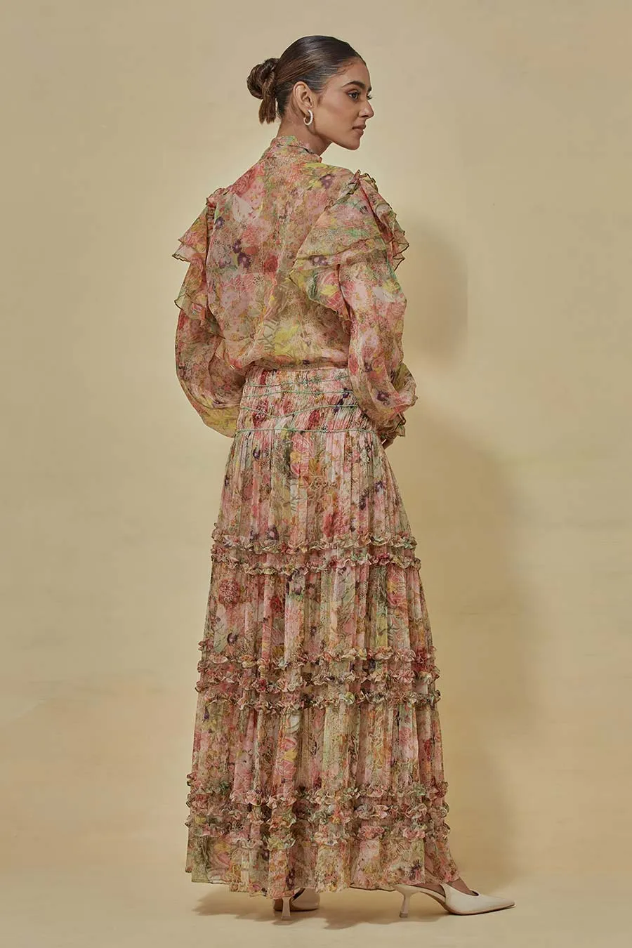 Printed Organza Shirt With Chiffon Tiered Skirt