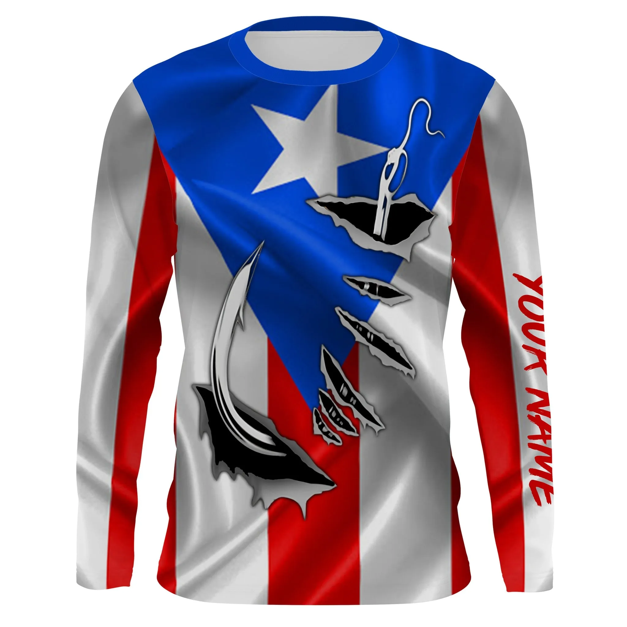 Puerto Rico Fishing 3D Fish Hook Flag Custom Name Long Sleeves Shirts Personalized Patriotic Fishing Gifts