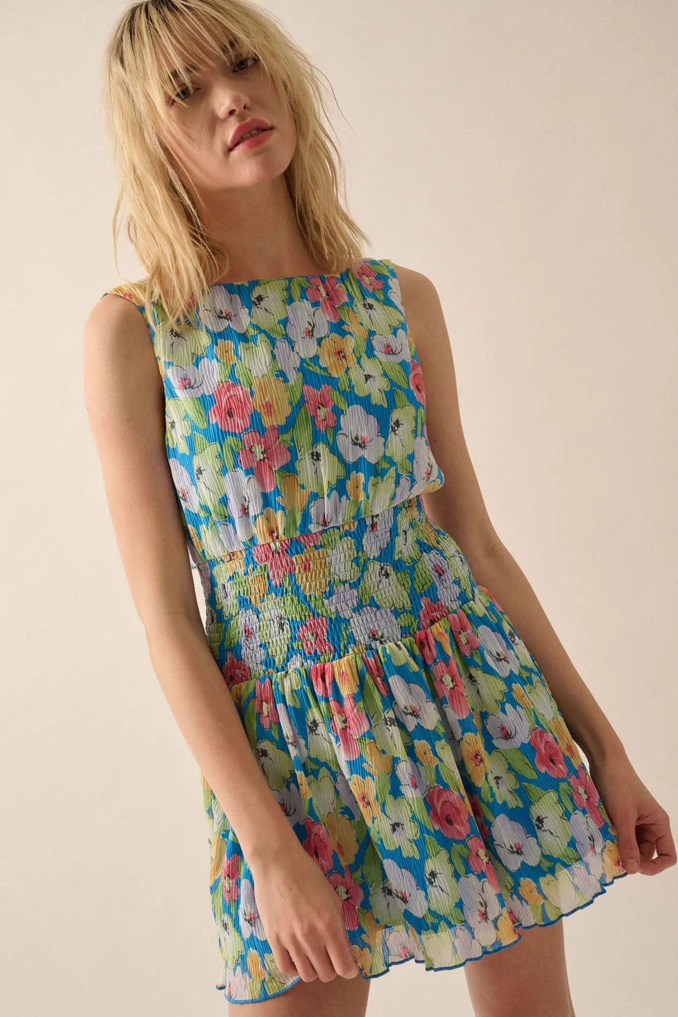 Rainbow Blooms Pleated Floral Mini Dress