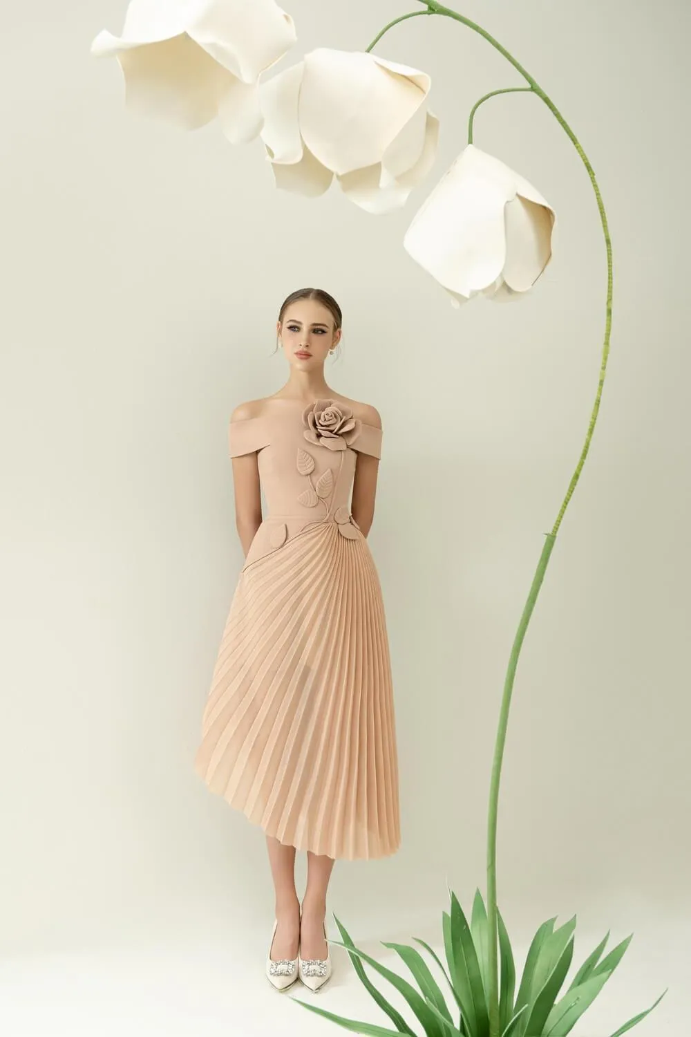 Rose Asymmetric Pleated Silk Crepe Midi Dress