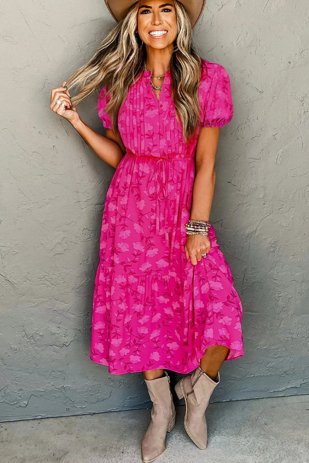 Rose Red Pleated Lace-up High Waist Puff Sleeve Floral Midi Dress