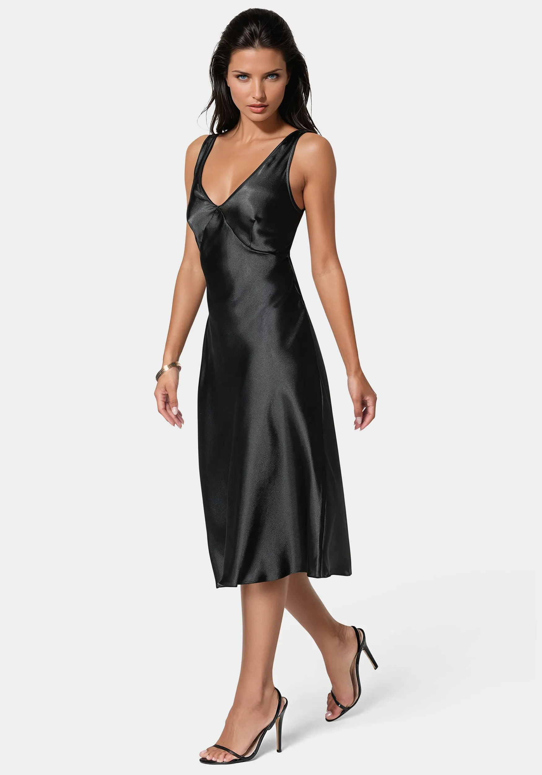 Satin Midi Dress With Lace Trim