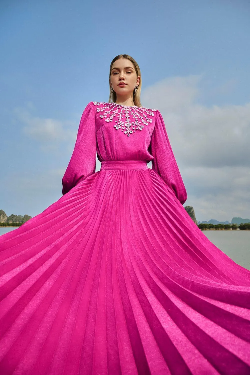 Scarlet Pleated Bishop Sleeved Silk Maxi Dress