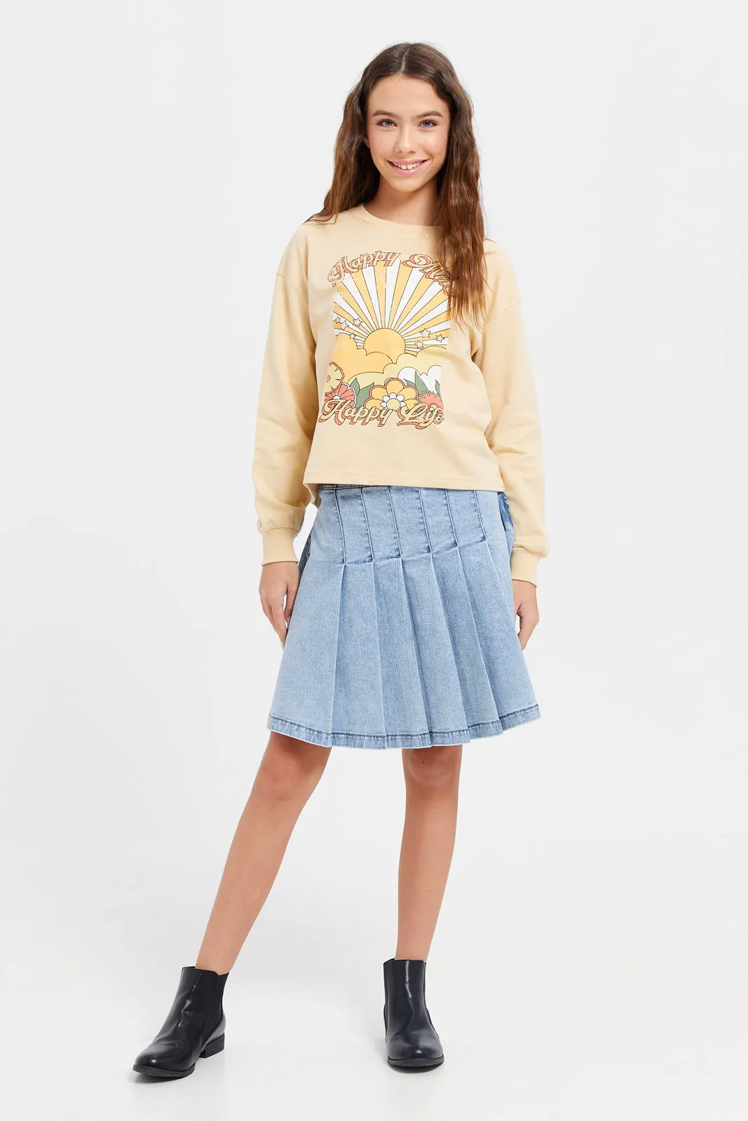 Senior Girls Blue Denim Pleated Skirt