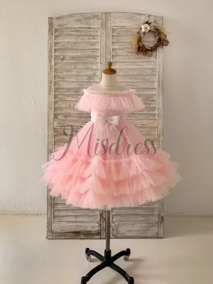 Sheer Neck Pink Ruffles Tulle Wedding Flower Girl Dress Kids Party, Glittering Bow