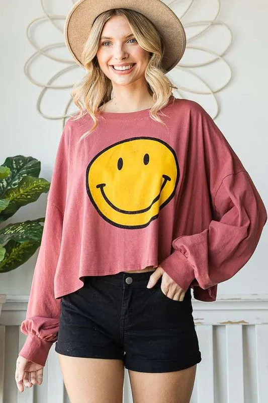 SMILEY FACE LONG SLEEVE CROP TOP *Online Only*