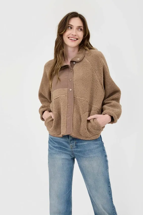 Solid Snap Button Fleece Jacket  MOCHA