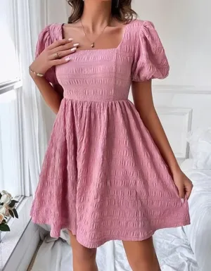 Square Neck Slim Fit Short Sleeve High Waist Short Pleated A-Line Dresses