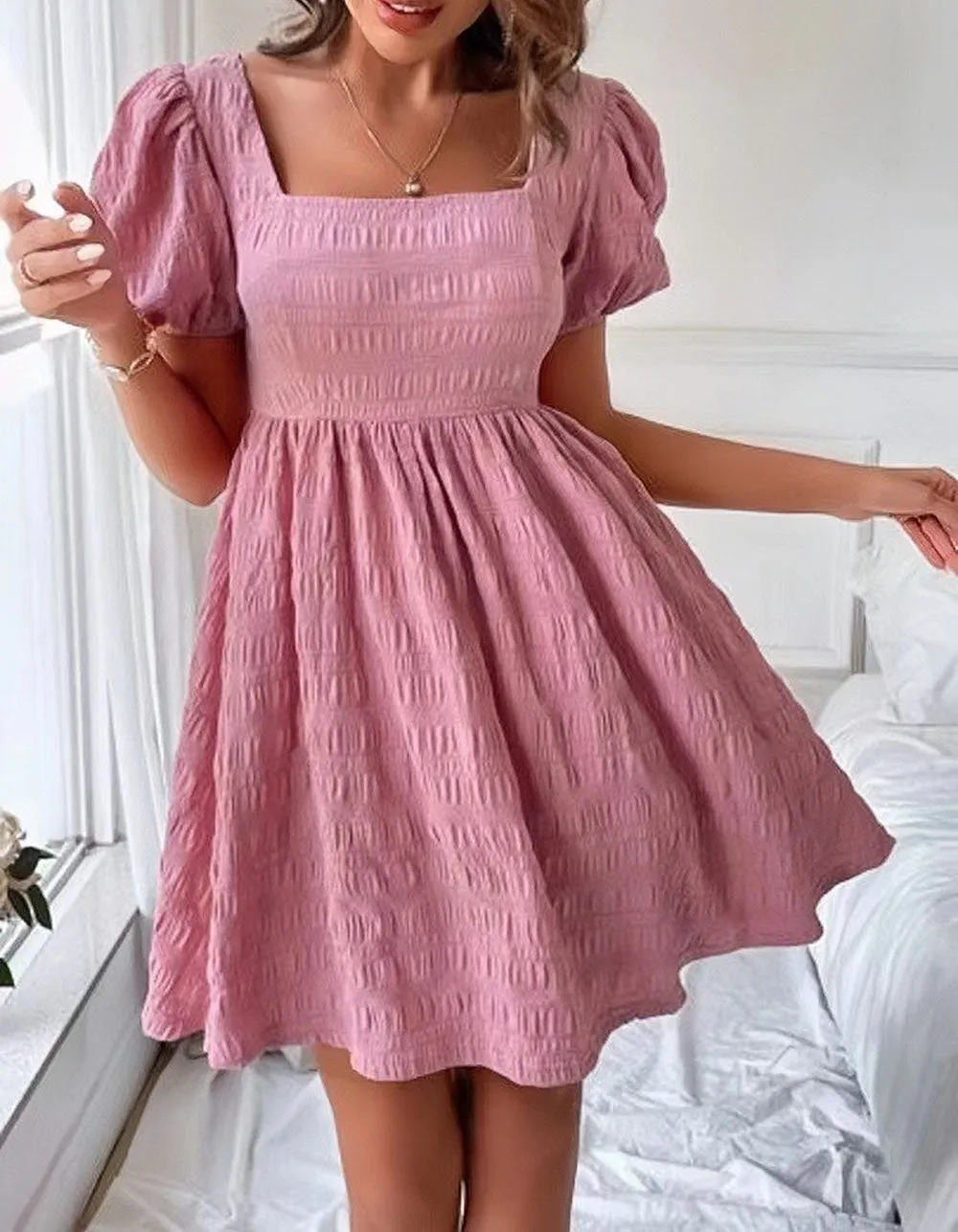 Square Neck Slim Fit Short Sleeve High Waist Short Pleated A-Line Dresses