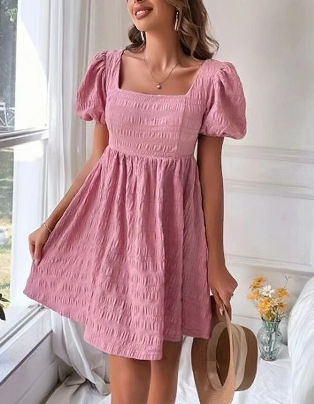 Square Neck Slim Fit Short Sleeve High Waist Short Pleated A-Line Dresses