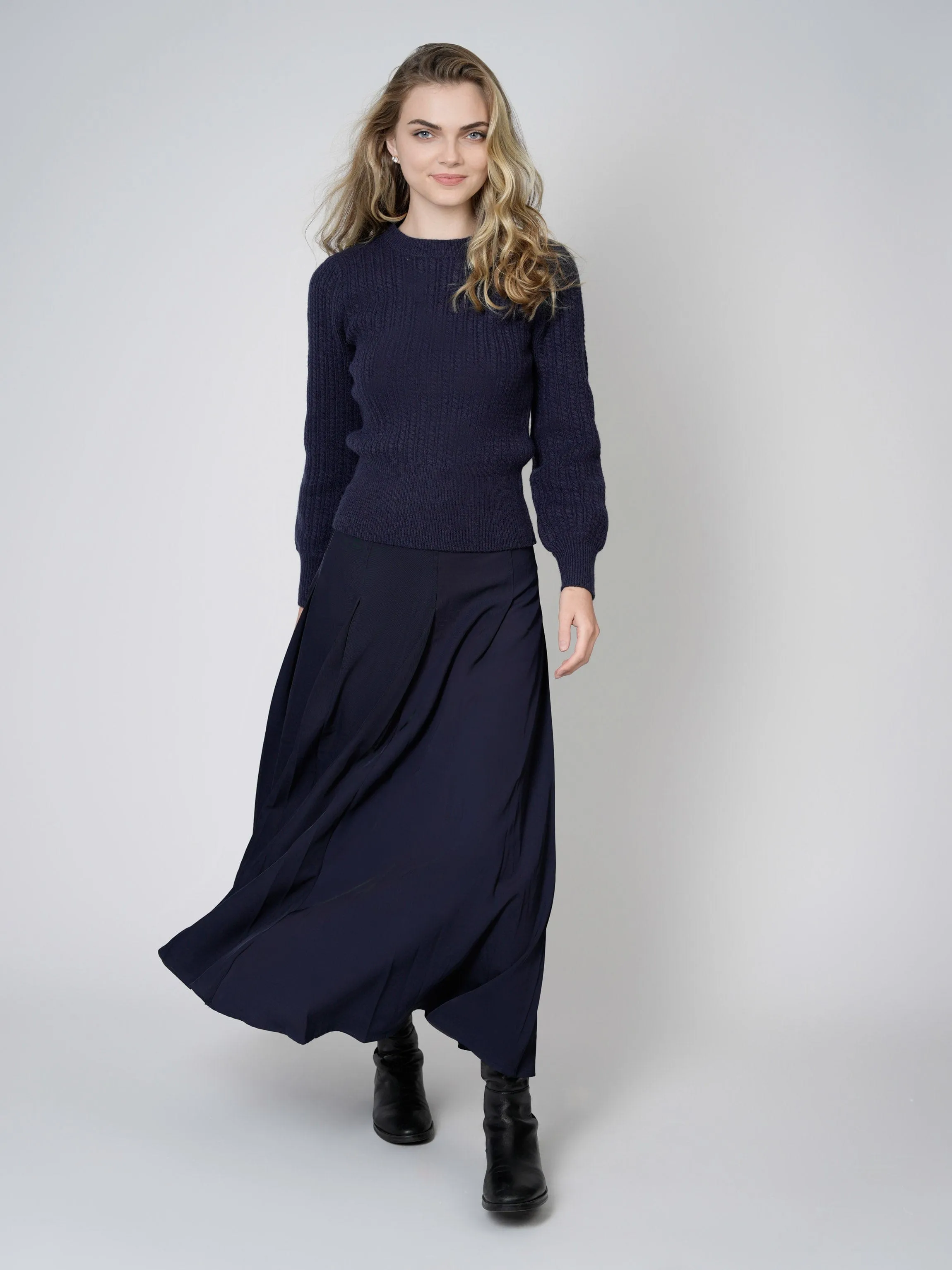 STITCHED DOWN PLEATED SKIRT-(LONG)-NAVY