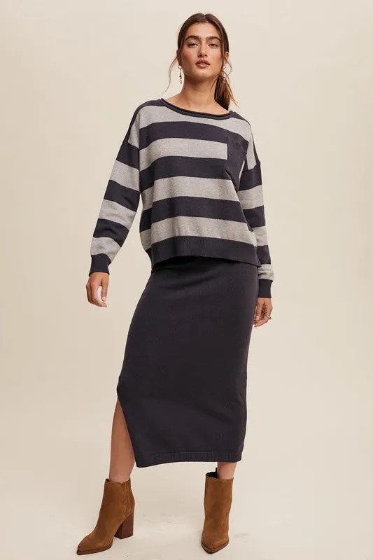 Striped Sweater & Knit Pencil Skirt - Navy