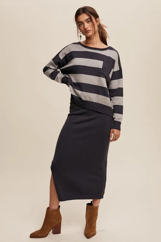 Striped Sweater & Knit Pencil Skirt - Navy