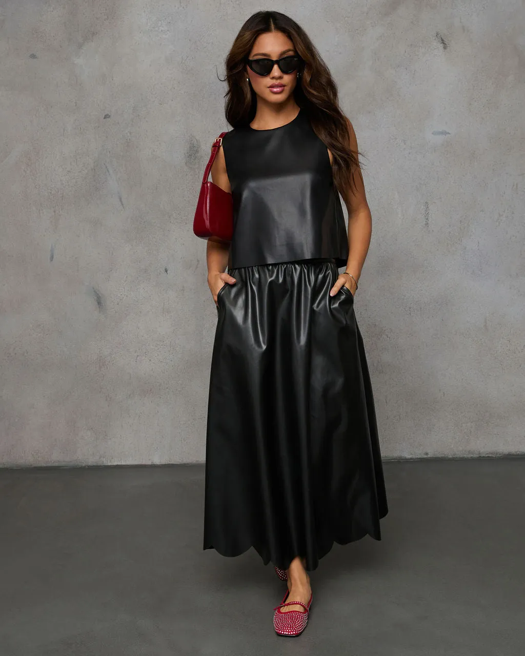 Susana Pleated Leather Midi Skirt