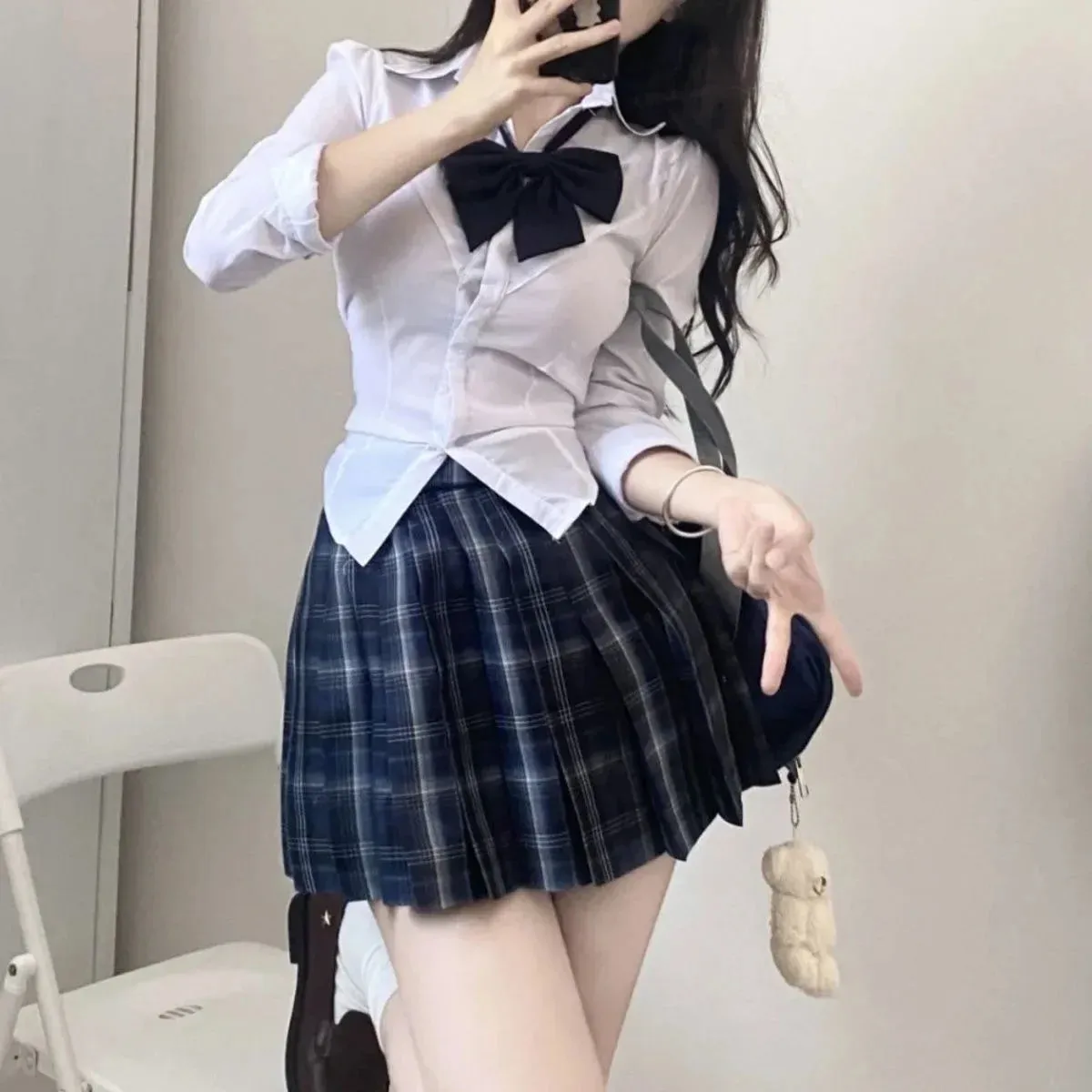 Territory S-8xl plus size American Jk school uniform original uniform bow pleated skirt college style slim shirt high waist skirt suit