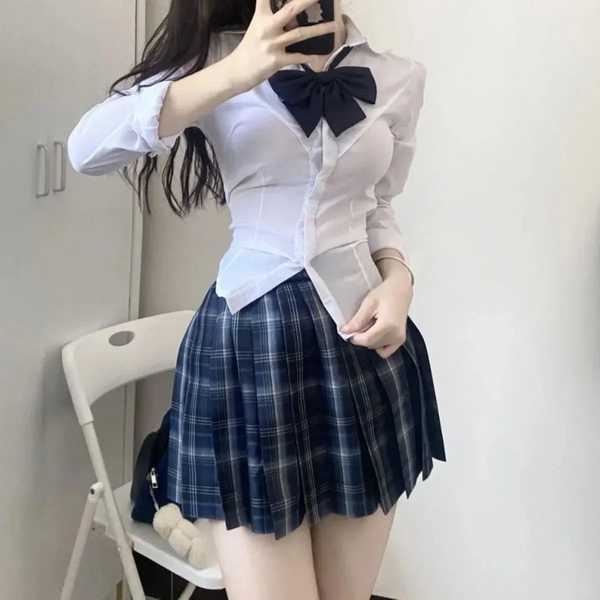 Territory S-8xl plus size American Jk school uniform original uniform bow pleated skirt college style slim shirt high waist skirt suit