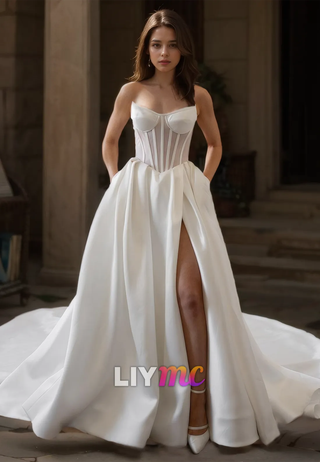 V-Neck Strapless Corset Pleated Satin High Slit A-Line Wedding Dress