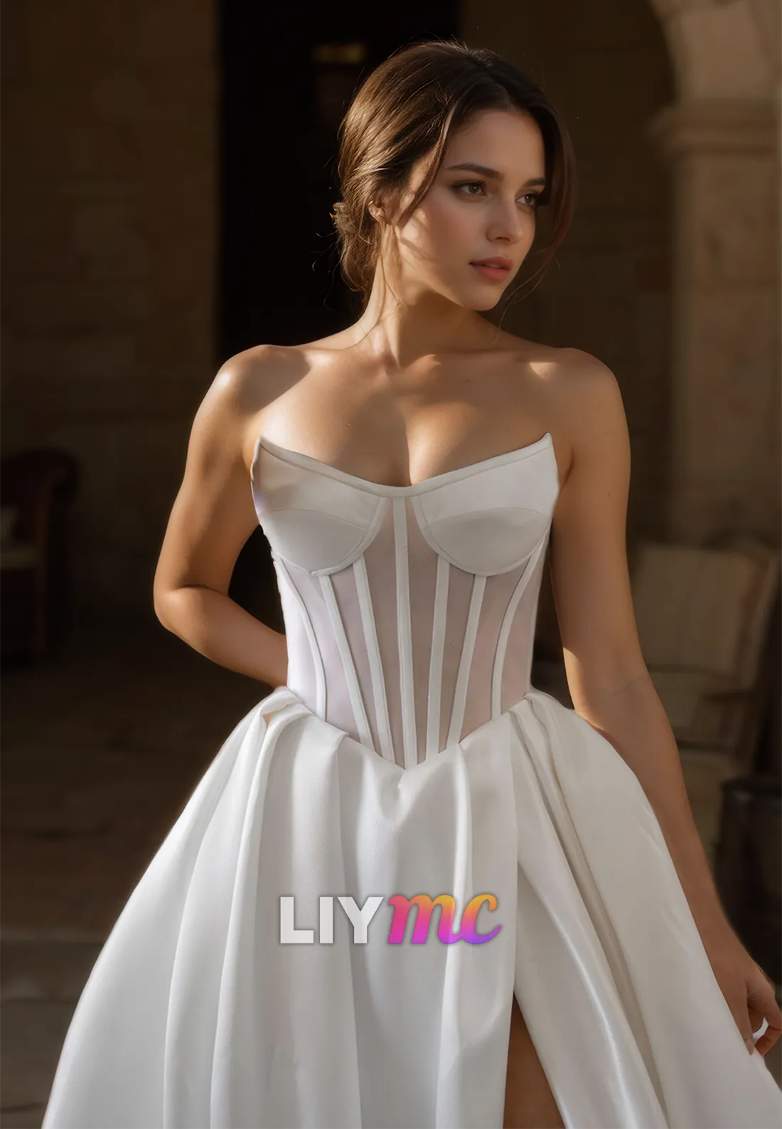 V-Neck Strapless Corset Pleated Satin High Slit A-Line Wedding Dress