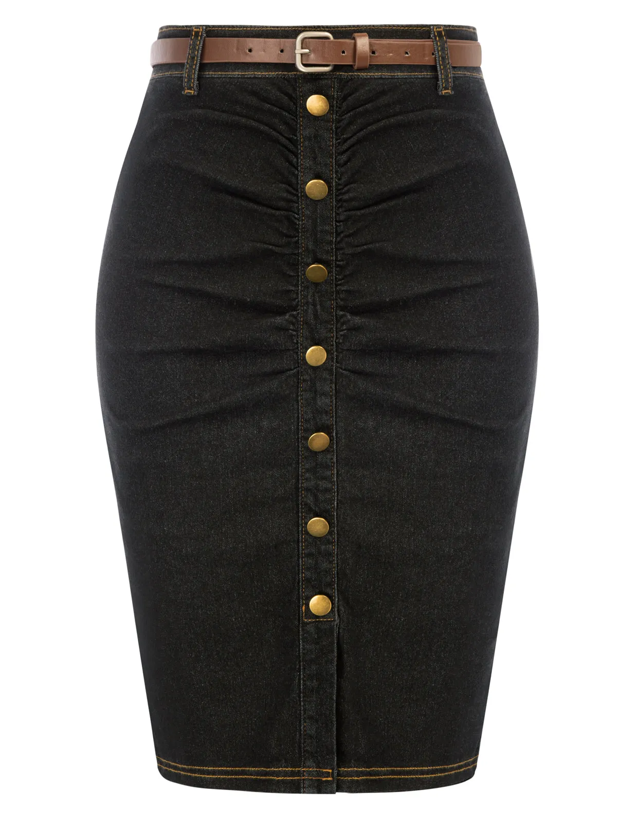 Vintage Jean Skirt with Belt High Waist Ruched Front Bodycon Skirt